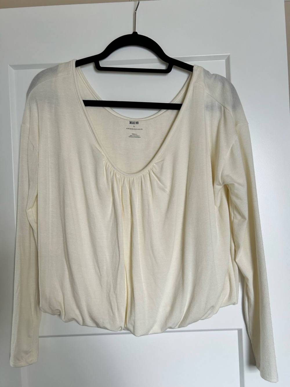 Anthropologie Cream Scoop-Neck Long Sleeve Top